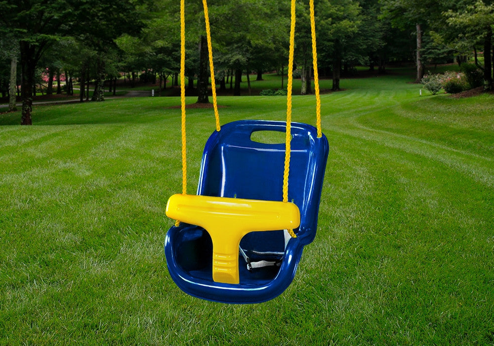 Lifestyle shot of blue infant swing by Gorilla Playsets. Lifestyle shot of blue infant swing by Gorilla Playsets.