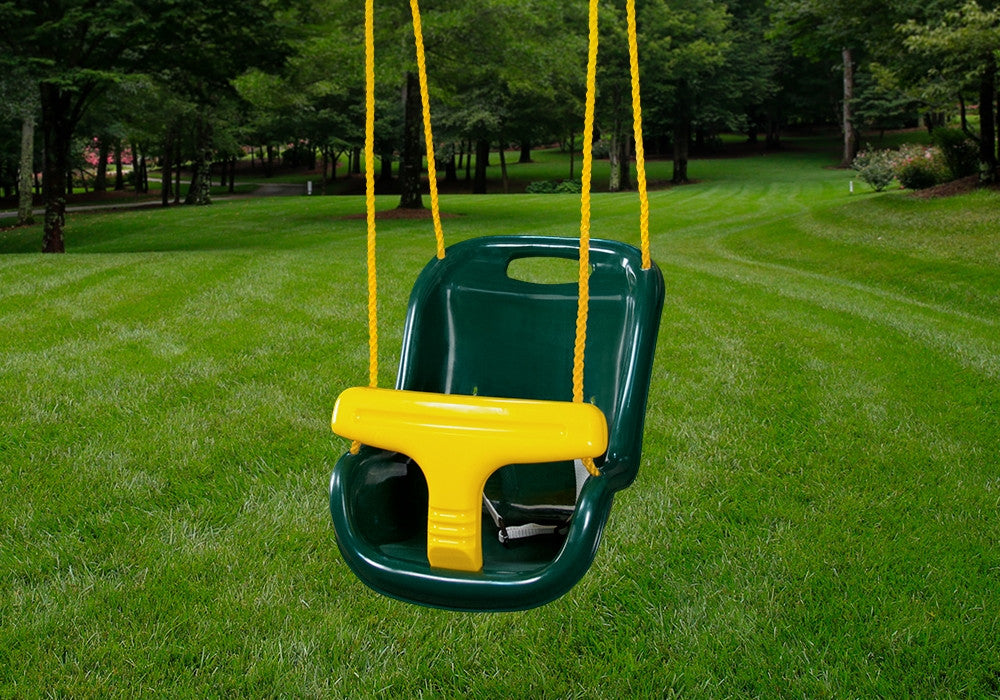 Lifestyle shot of green infant swing by Gorilla Playsets. Lifestyle shot of green infant swing by Gorilla Playsets.