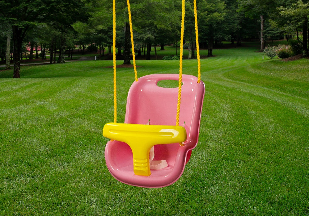 Lifestyle shot of pink infant swing by Gorilla Playsets. Lifestyle shot of pink infant swing by Gorilla Playsets.