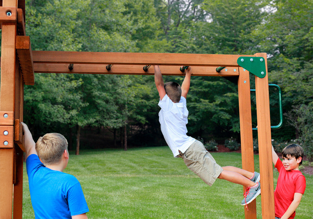 Lifestyle shot of Monkey Bars Add-On from Gorilla Playsets. Lifestyle shot of Monkey Bars Add-On from Gorilla Playsets.