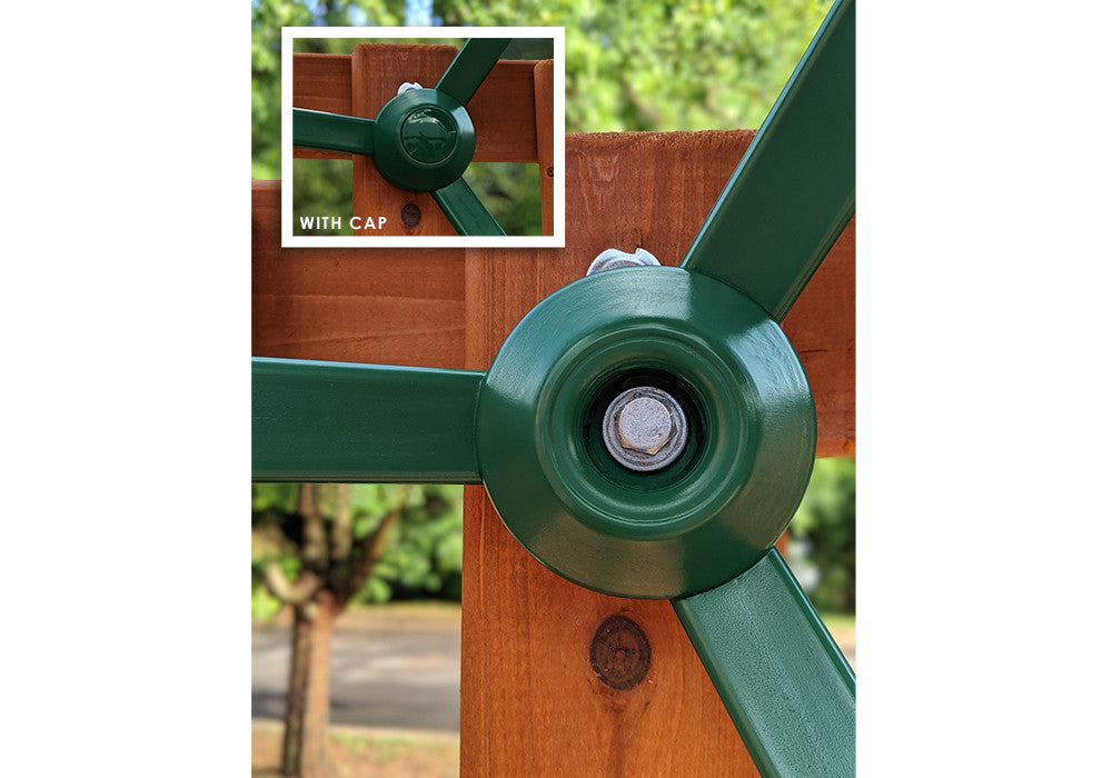 Close up view of steering wheel cap with four spokes from Gorilla Playsets. Close up view of steering wheel cap with four spokes from Gorilla Playsets.