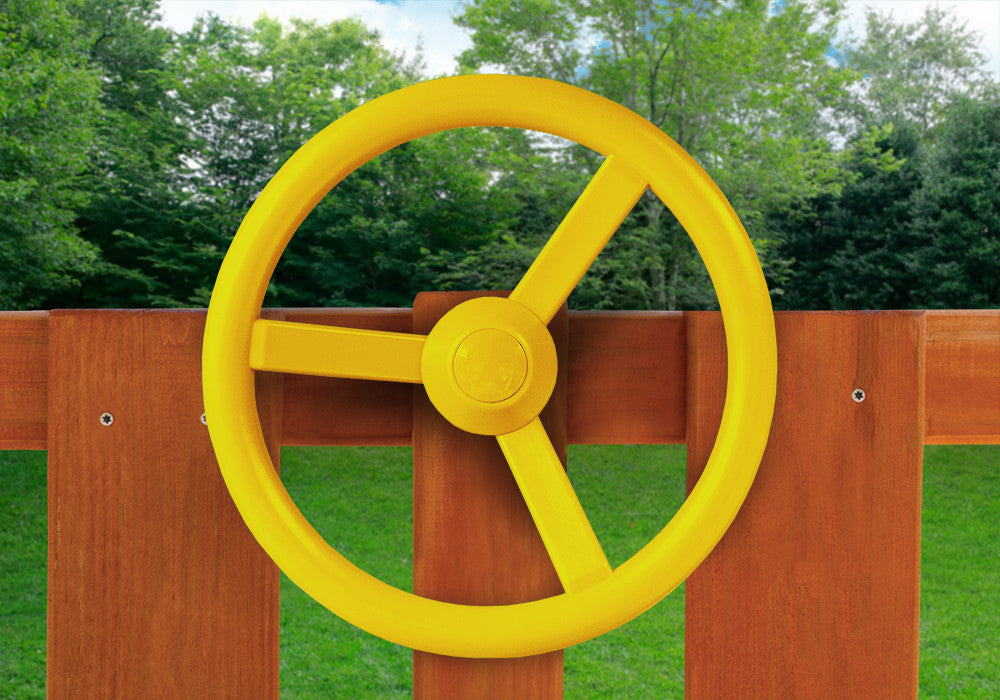 Lifestyle view of steering wheel from Gorilla Playsets. Lifestyle view of steering wheel from Gorilla Playsets.