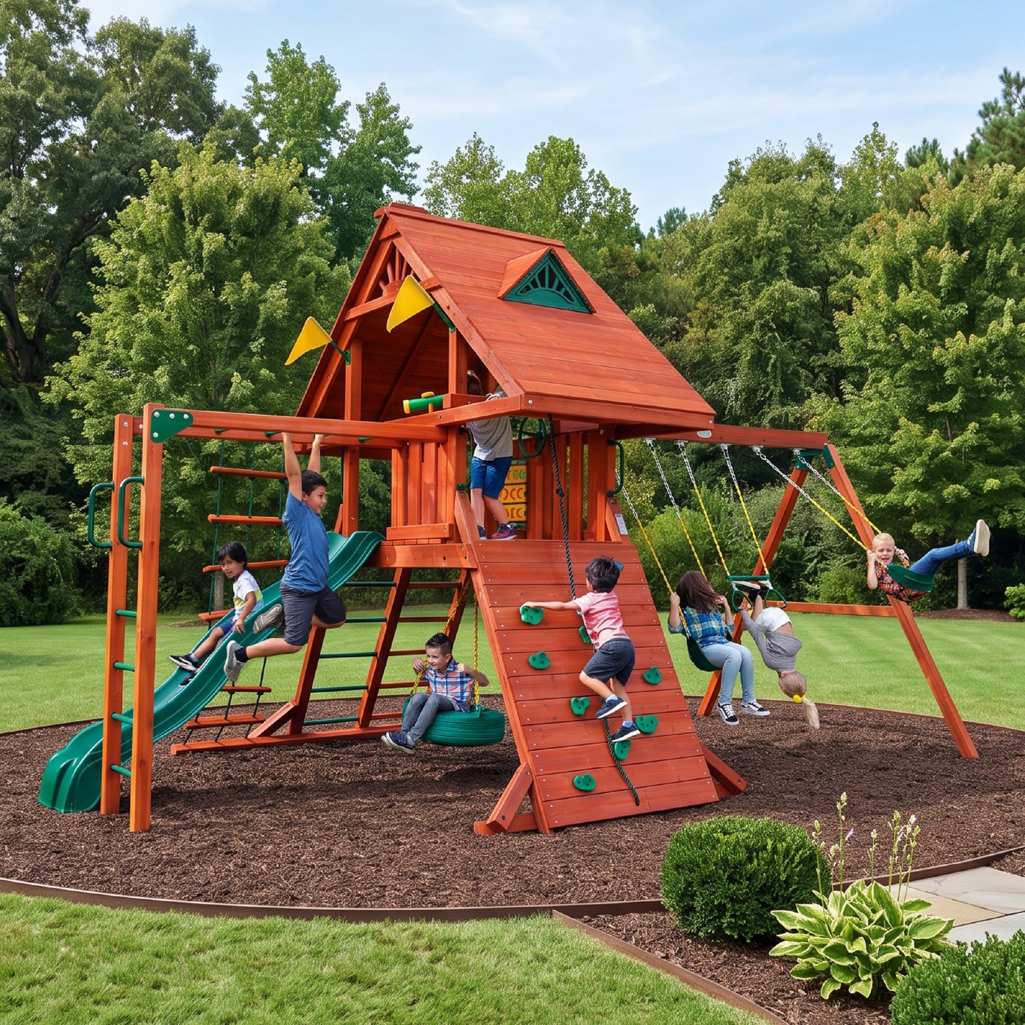 Sun Palace Wooden Swing Set with Slides | Gorilla Playsets