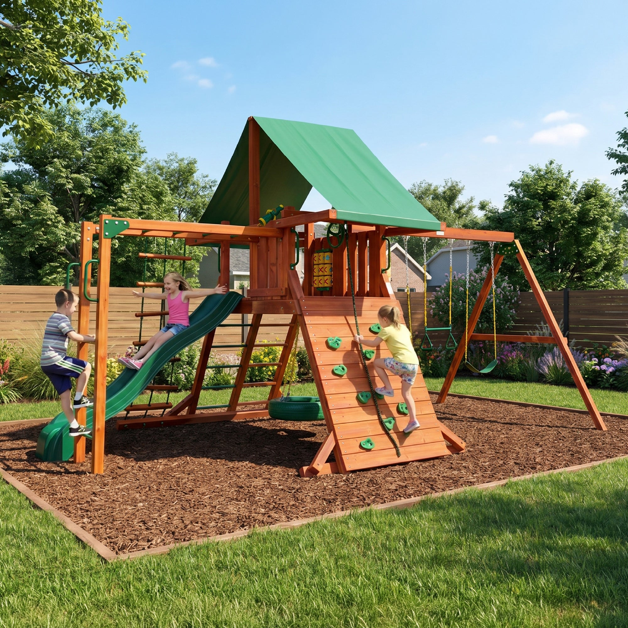 Sun Valley Wooden Swing Set with Monkey Bars & Tire Swing