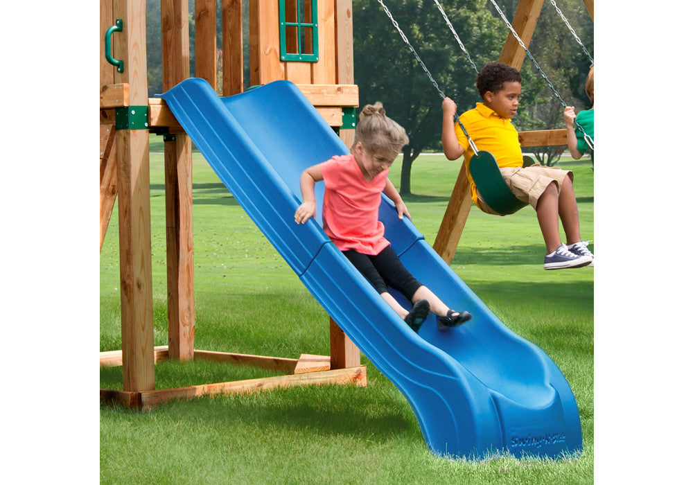 Lifestyle shot of Blue Summit Slide from Gorilla Playsets Lifestyle shot of Blue Summit Slide from Gorilla Playsets