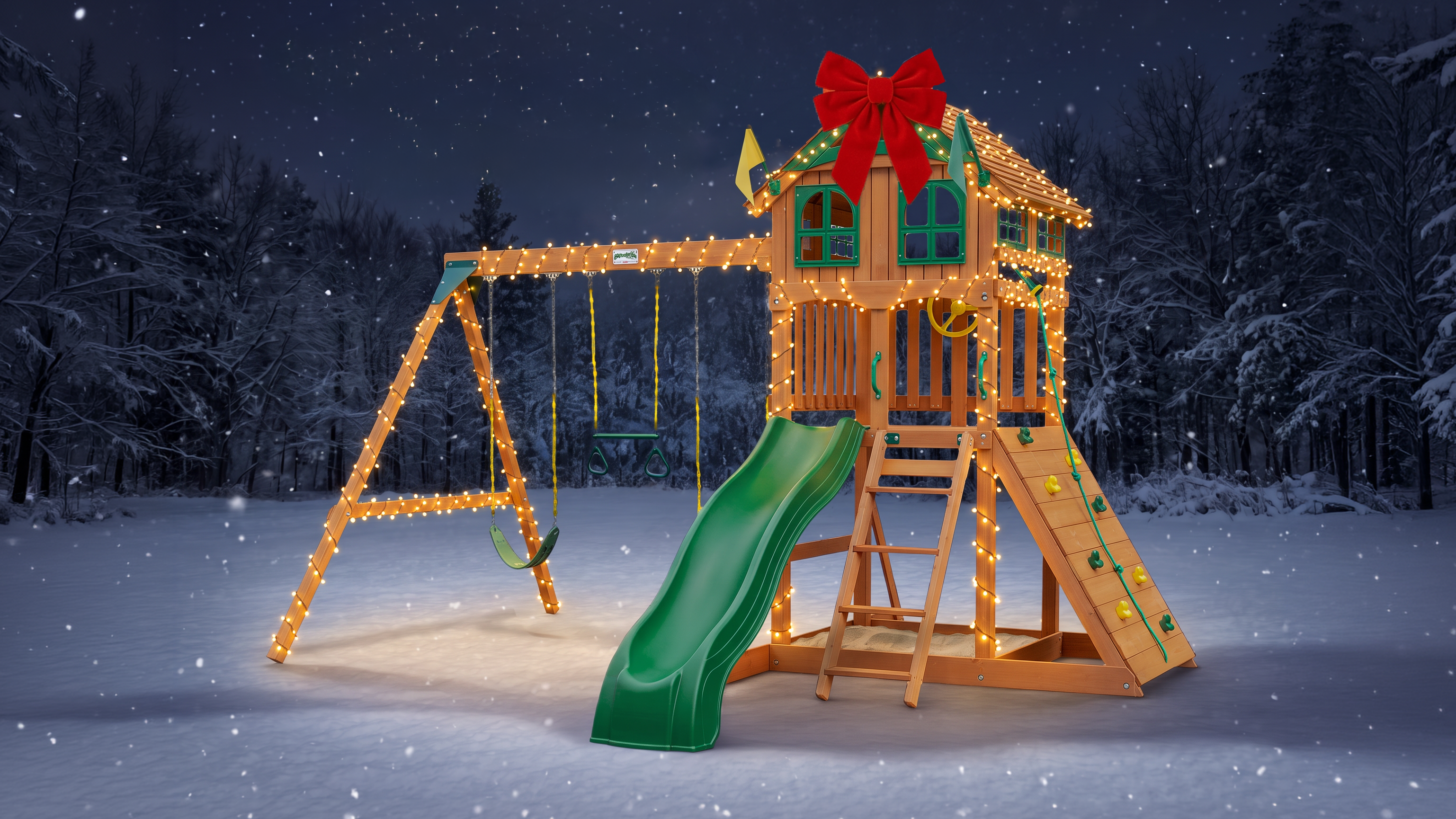 Gorilla Playsets Outing III wooden playset with vinyl roof, green slide, swing set, rock wall, and holiday bow in a snowy backyard.