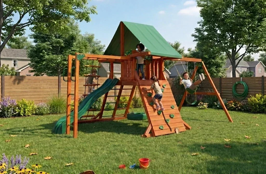 Multiple kids playing on a gorilla outdoor swing set in the backyard  