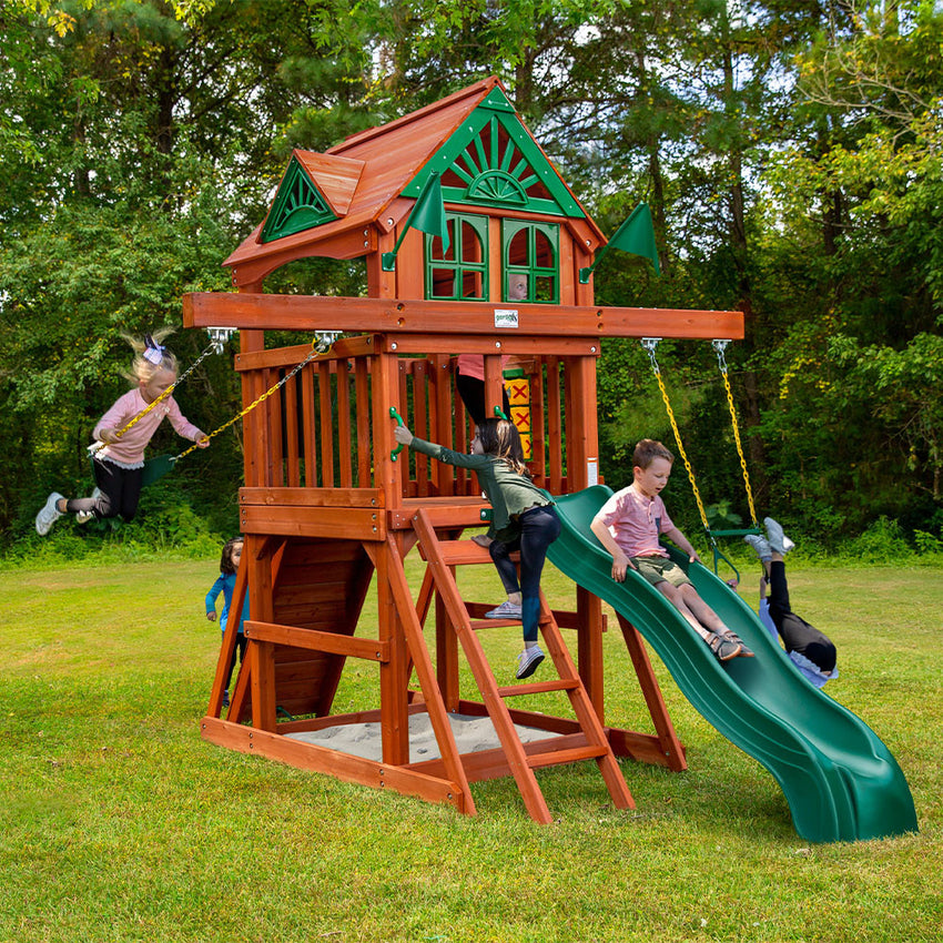 Kids playing on the Five Star II Space Saver Swing Set