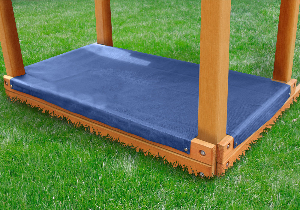 Outdoor shot of Blue Sandbox Cover from Gorilla Playsets.