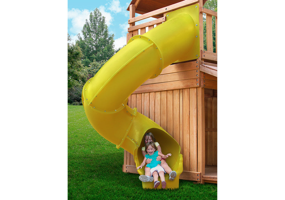 Lifestyle shot of Green Super Tube Slide from Gorilla Playsets