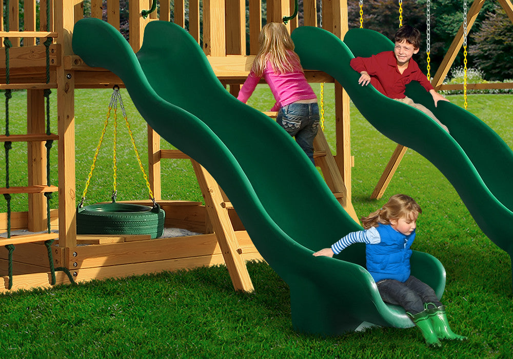 Lifestyle shot of Green Super Wave Scoop Slide from Gorilla Playsets