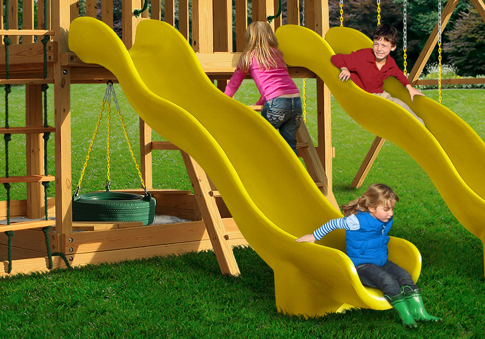 Lifestyle shot of Yellow Super Wave Scoop Slide from Gorilla Playsets