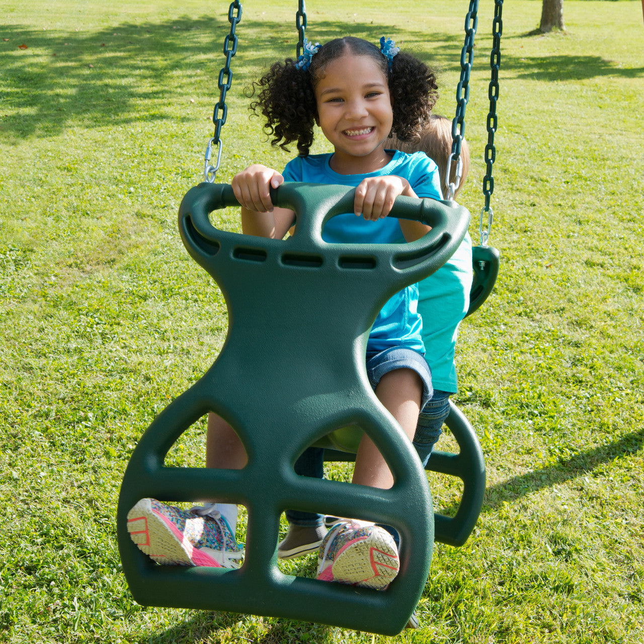Action shot of Double Glider Swing from Gorilla Playsets.